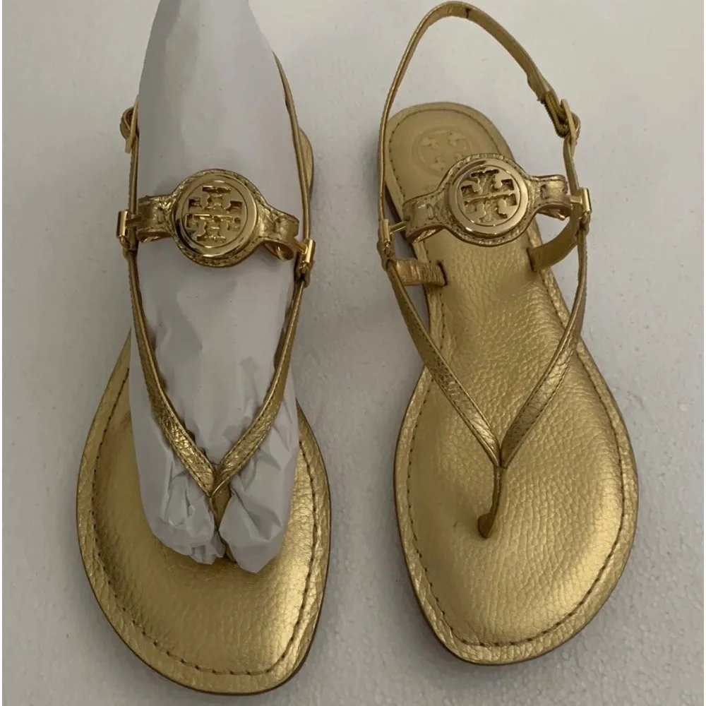 TORY BURCH GOLD NEW THONG FLAT SHOES LEATHER 8.5 - Picture 6 of 11
